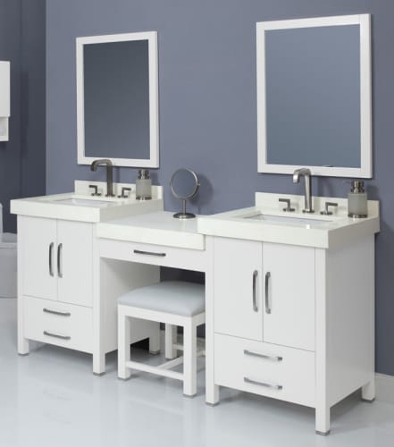 DecoLav Cameron-100-WHT White Cameron 100 Double Vanity with 1 Drawer Bridge and Vanity Stool. Choose Vanity Tops, Sinks and Mirrors Cameron-100