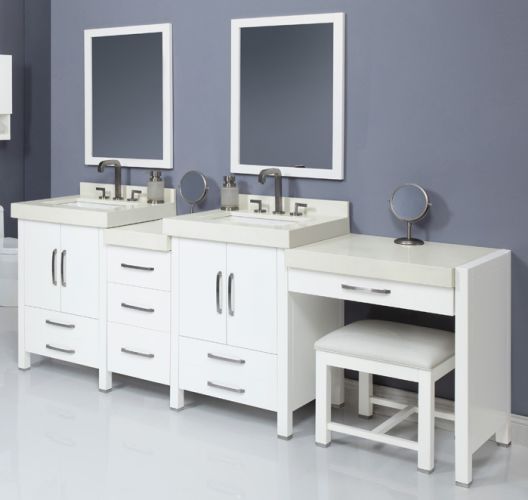 DecoLav Cameron-103.75-WHT White Cameron 103.75 Double Vanity Set with 3 Drawer Bridge, 1 Drawer Console and Vanity Stool. Choose Vanity Tops, Sinks and Mirrors. Cameron-103.75