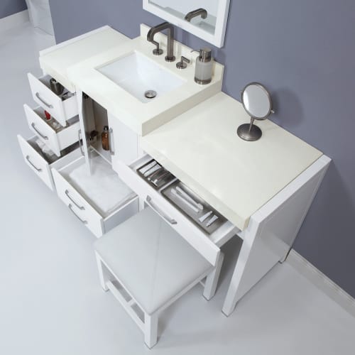 DecoLav Cameron-68.5-WHT White Cameron 68.5 Vanity with 3 Drawer Bank, 1 Drawer Console and Vanity Stool. Choose Vanity Top, Sink and Mirror. Cameron-68.5