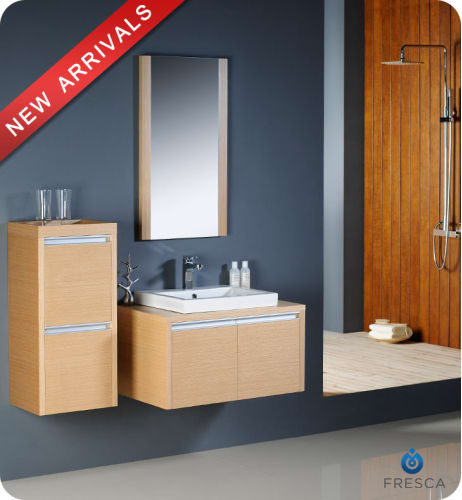 Fresca Mirano Light Oak Modern Bathroom Vanity with Side Cabinet & Mirror