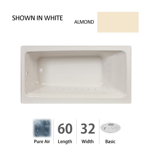 Jacuzzi ROS6032 ALR 2XX A Almond Rossi 60 x 32 Rossi Three Wall Alcove Comfort Pure Air Bathtub with Basic Controls, Left Drain and Right Blower ROS6032 ALR 2