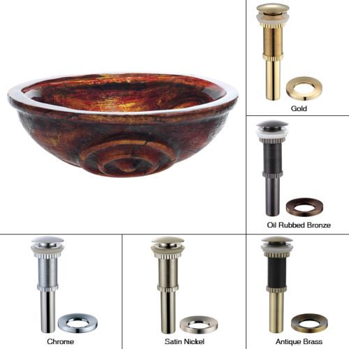 Kraus GV-630-19mm-CH Chrome Copper 17 Tiger Eye Glass Vessel Bathroom Sink - Includes Pop-Up Drain and Mounting Ring GV-630-19mm
