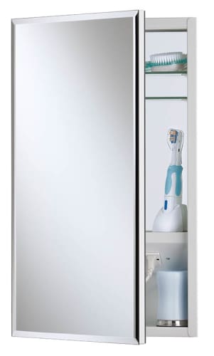 NuTone 704301X White Frameless Meridian Medicine Cabinet 15 Inchx25 Inch Bevel Mirror with Electrical Outlet