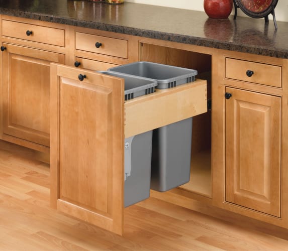 Rev-A-Shelf 4WCTM-RM-2150dm-2 Natural Wood 4WCTM 4WCTM Series Double 50 Quart Top Mount Wood Pull Out Waste Container with Soft Open / Close Slides 4WCTM-RM-215